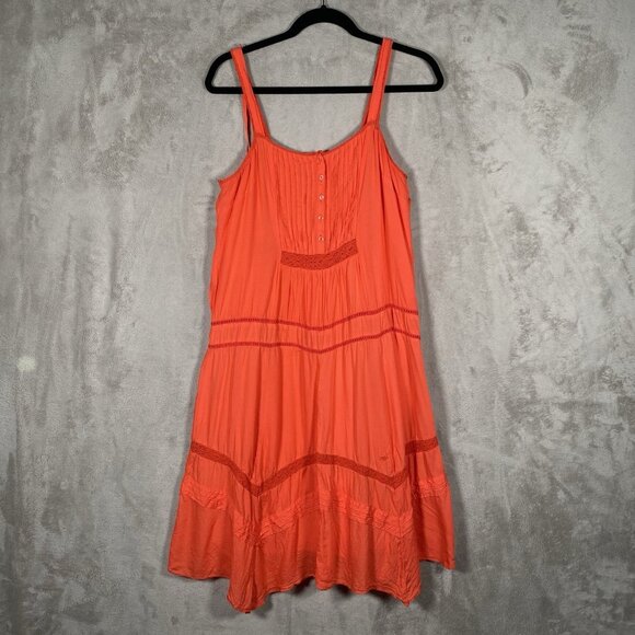 Old Navy Coral Orange Midi Dress w/ Slip M Pintuck Pleat Embroidery Boho Peasant - Picture 2 of 16